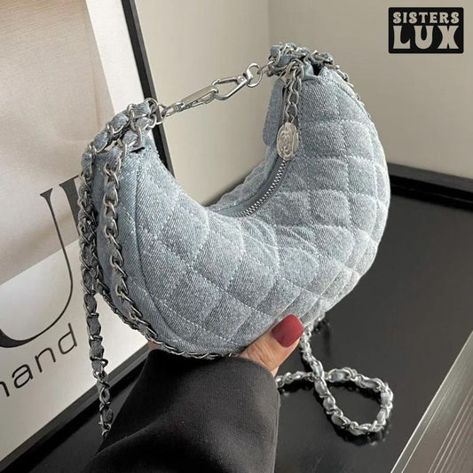 Chic Quilted Denim Mini Bag with Silver Metal Chains